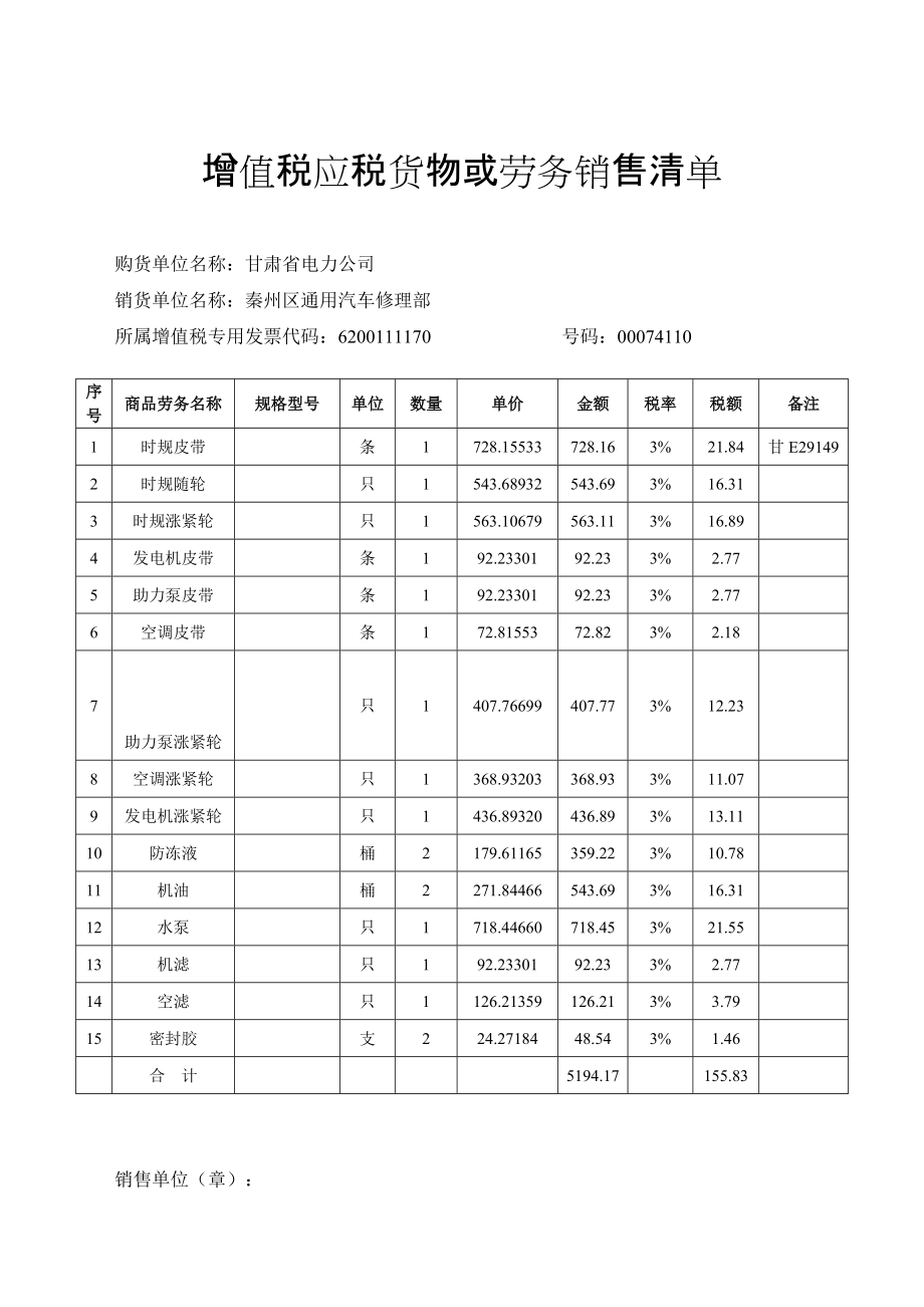 增值税应税货物或劳务销售清单