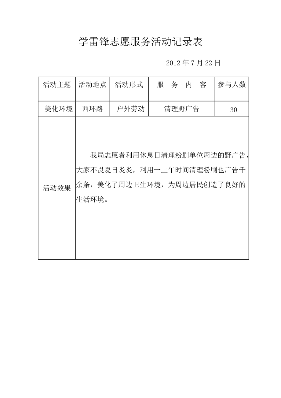 学雷锋志愿服务活动记录表doc