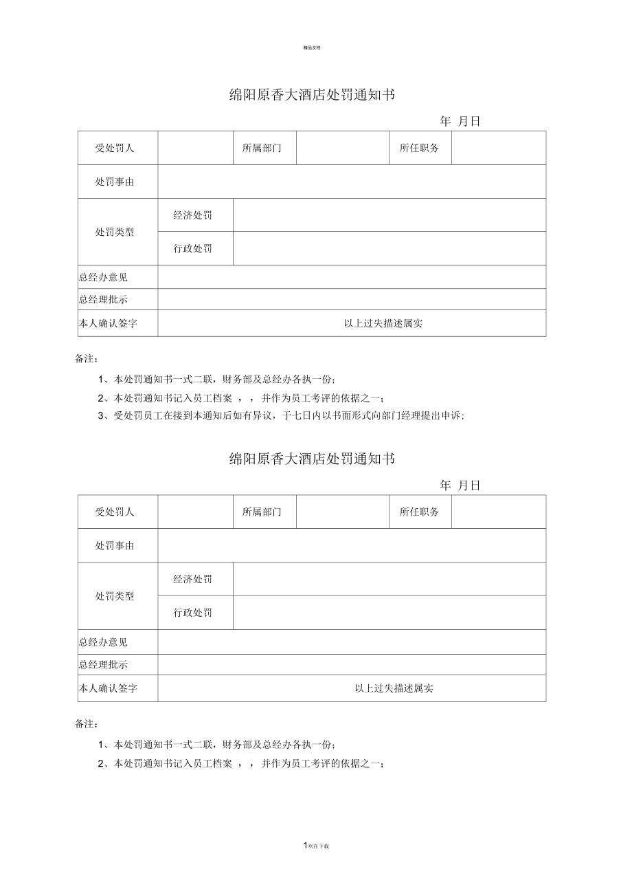 员工处罚通知书空白样式