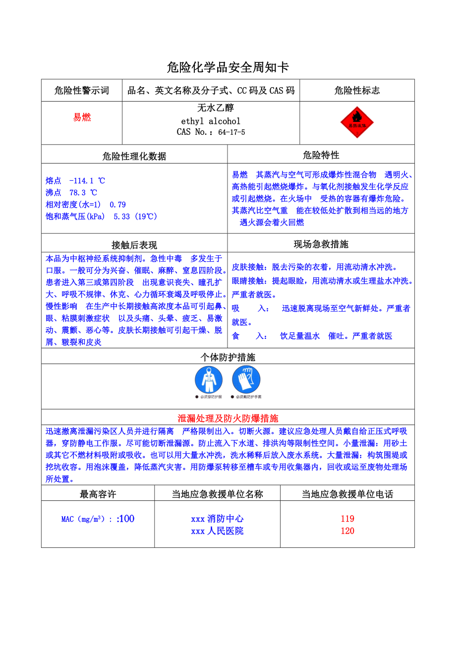 乙醇安全周知卡(危化品)