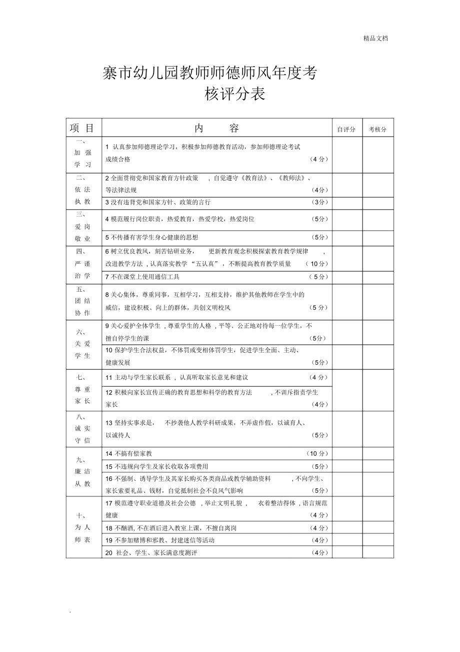 师德师风考核评分表