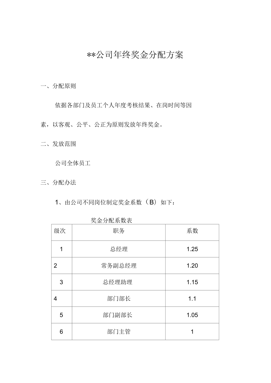 年终奖分配方案某工矿单位年终奖金分配方案