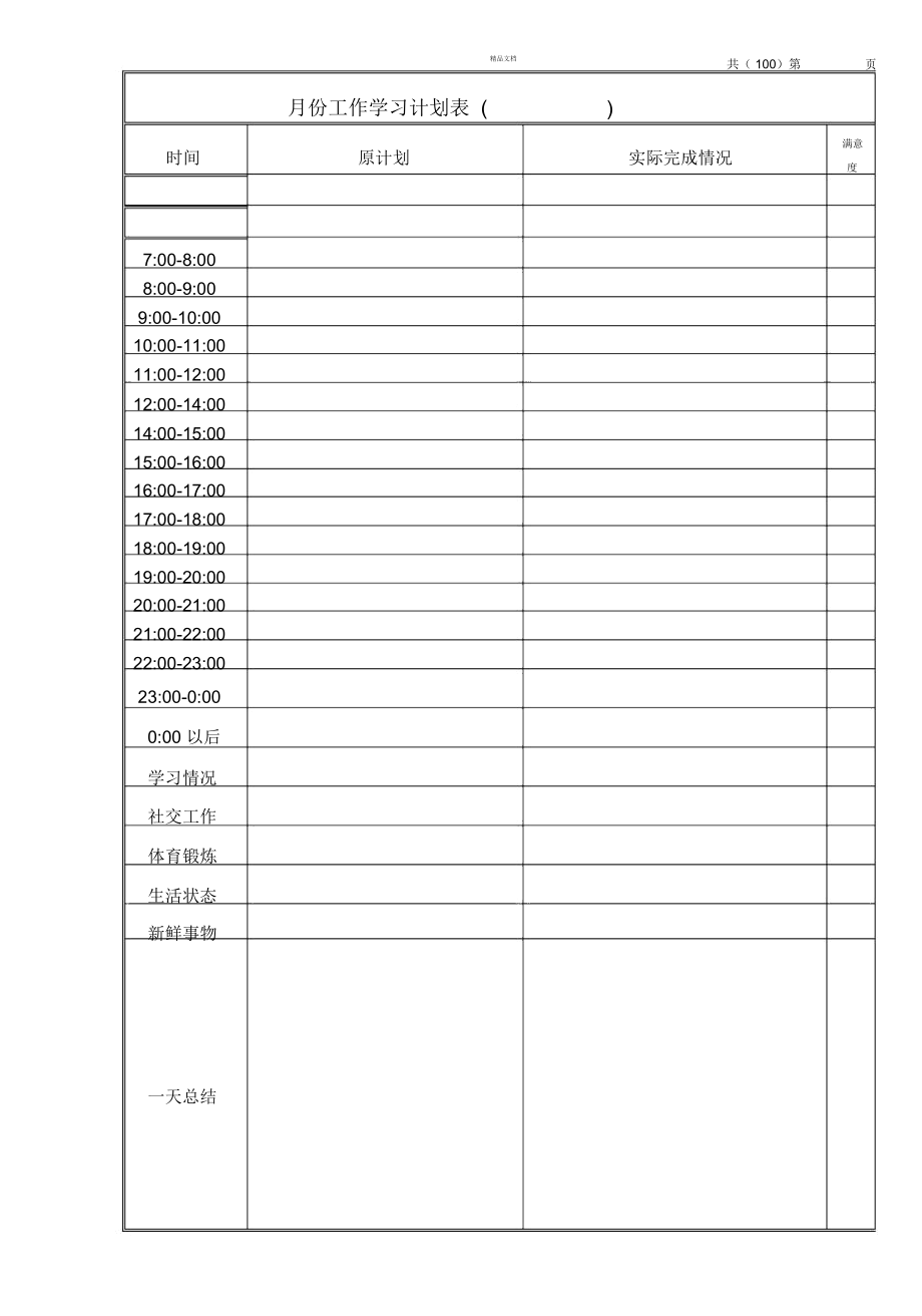 大学生每日工作学习计划表