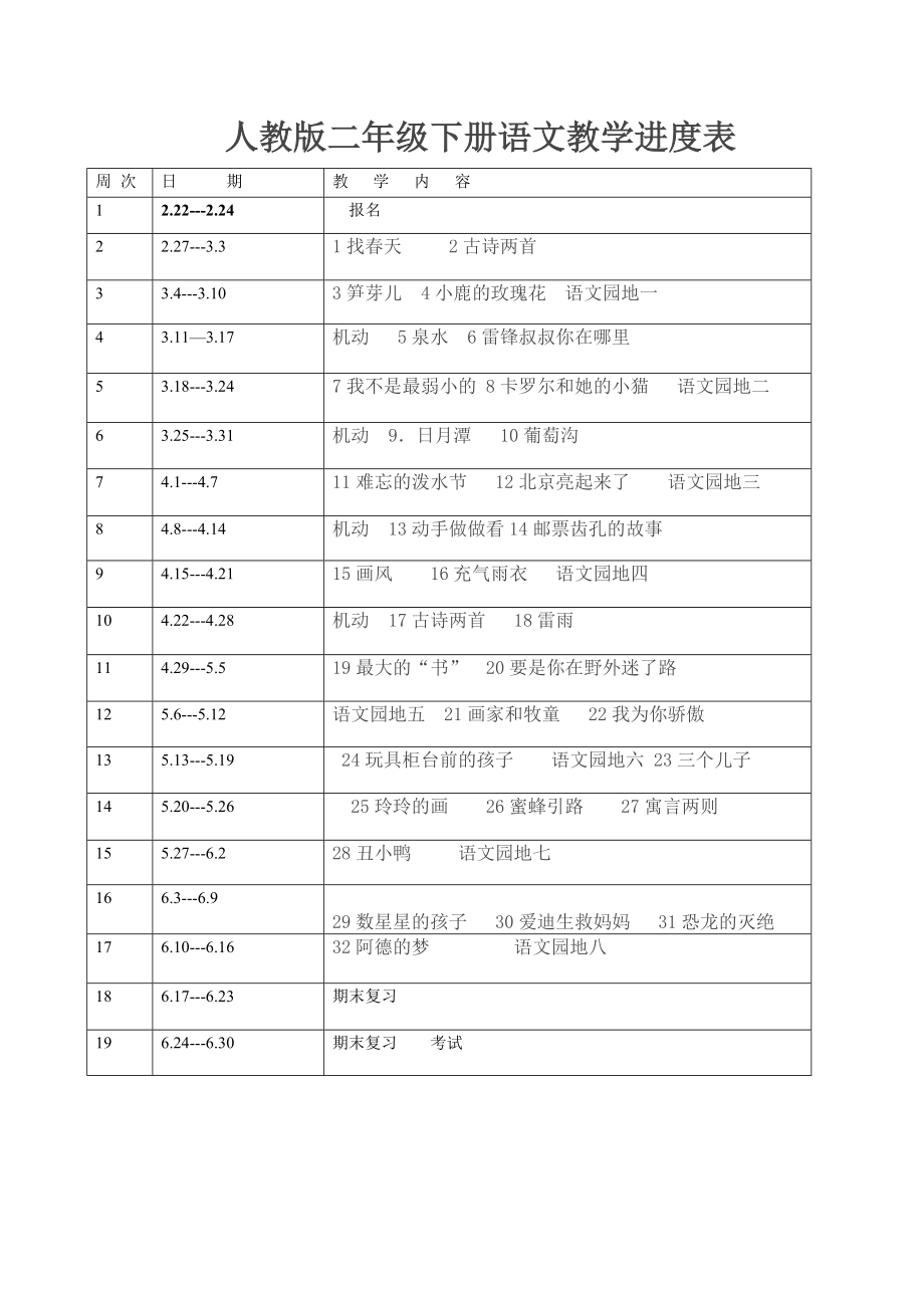 人教版二年级下册语文教学进度表1