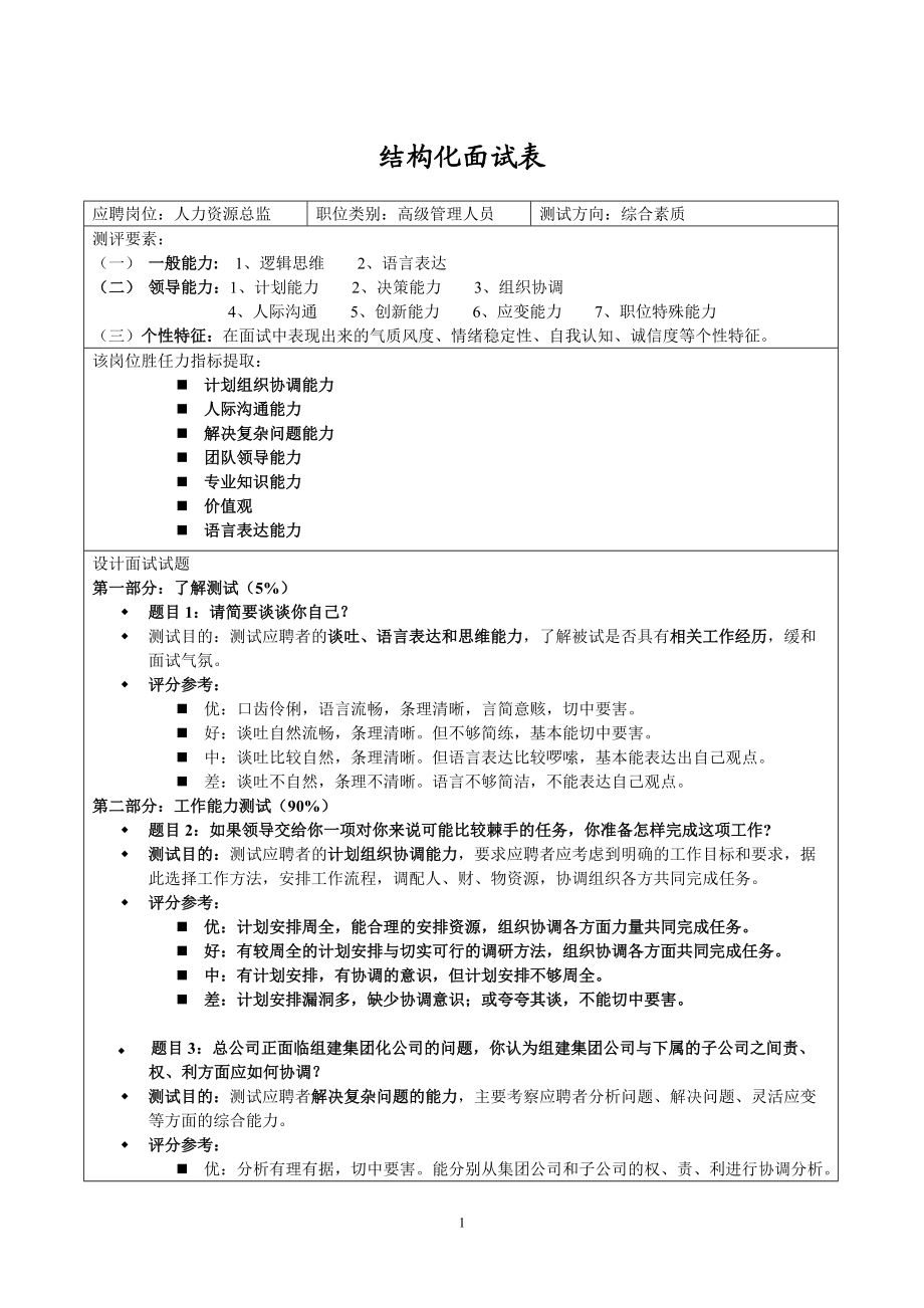 人事制度表格结构化面试表模板