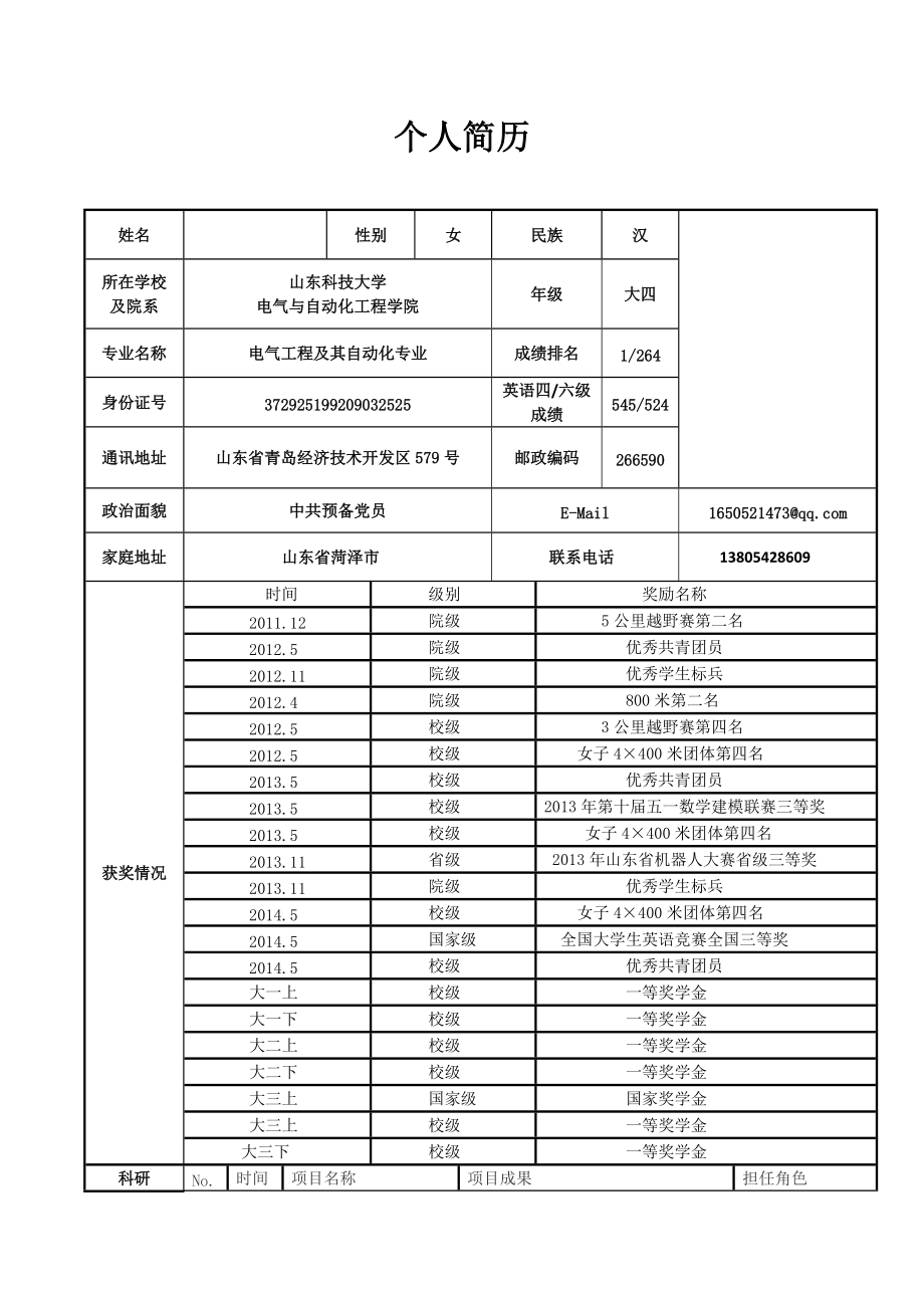 保研个人简介表格