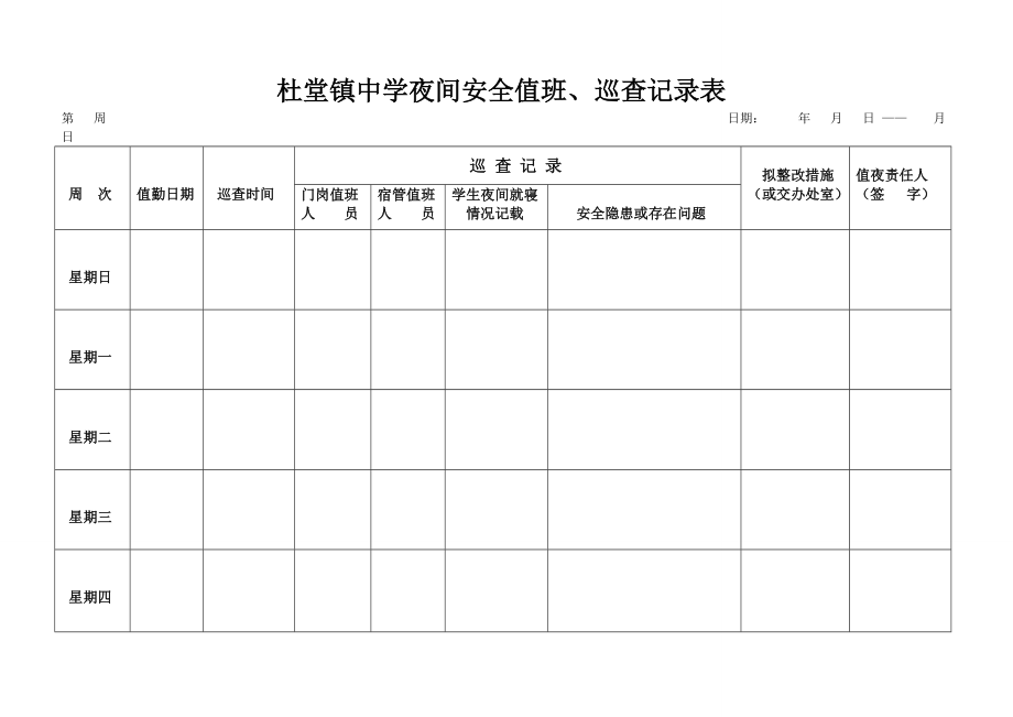 杜堂镇中学夜间安全值班巡查记录表