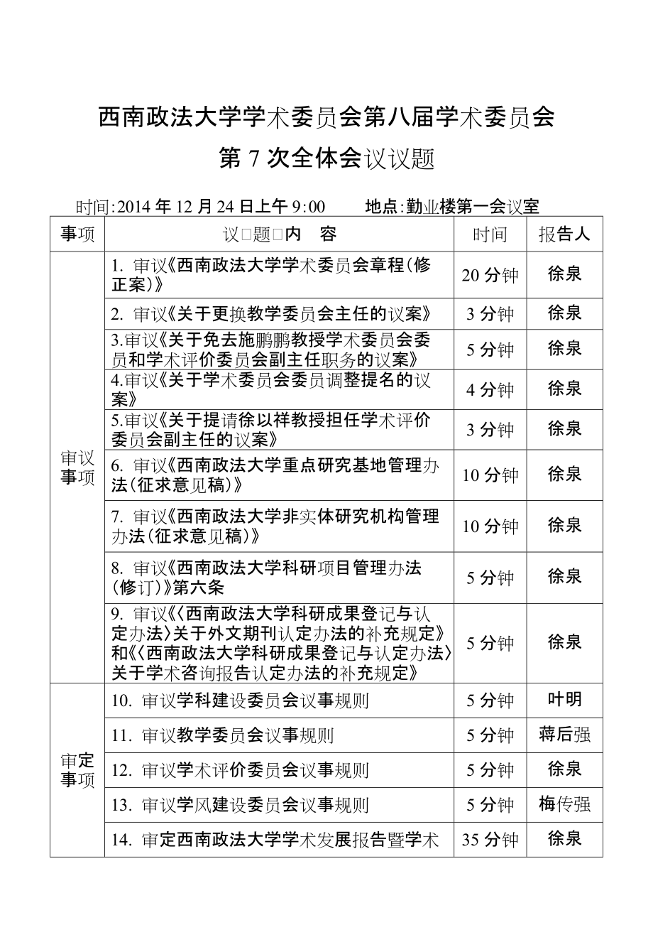 西南政法大学学术委员会第八学术委员会第7次全体会议议题