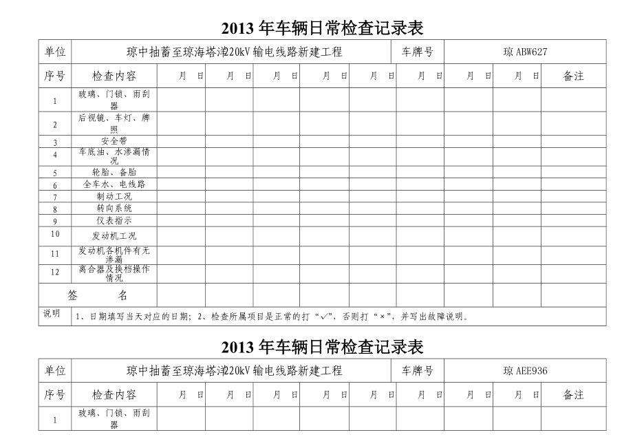 车辆日常检查记录表