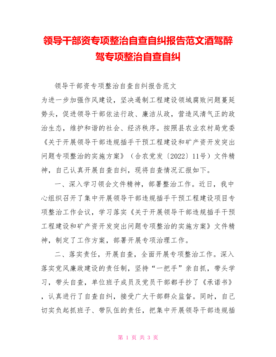 领导干部资源专项整治自查自纠报告范文酒驾醉驾专项整治自查自纠