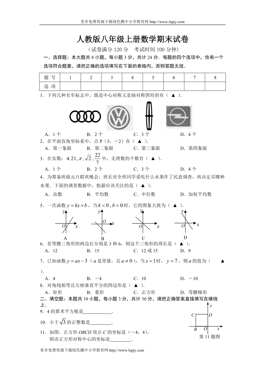 人教版初二八年级上册数学期末测试卷和答案_第1页