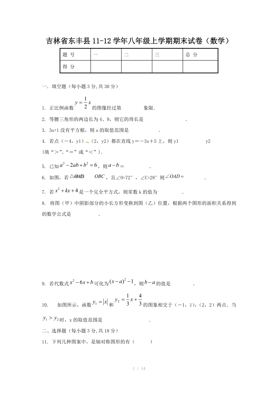 吉林省东丰县11-12学年八年级上学期期末试卷（数学）_第1页