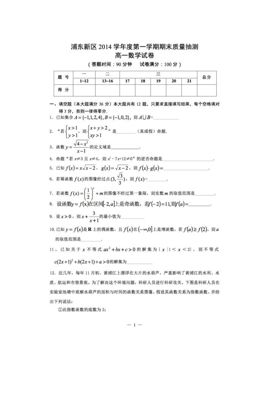 3284519715上海市浦东新区上学期期末质量测试高一数学试题(有答案)_第1页