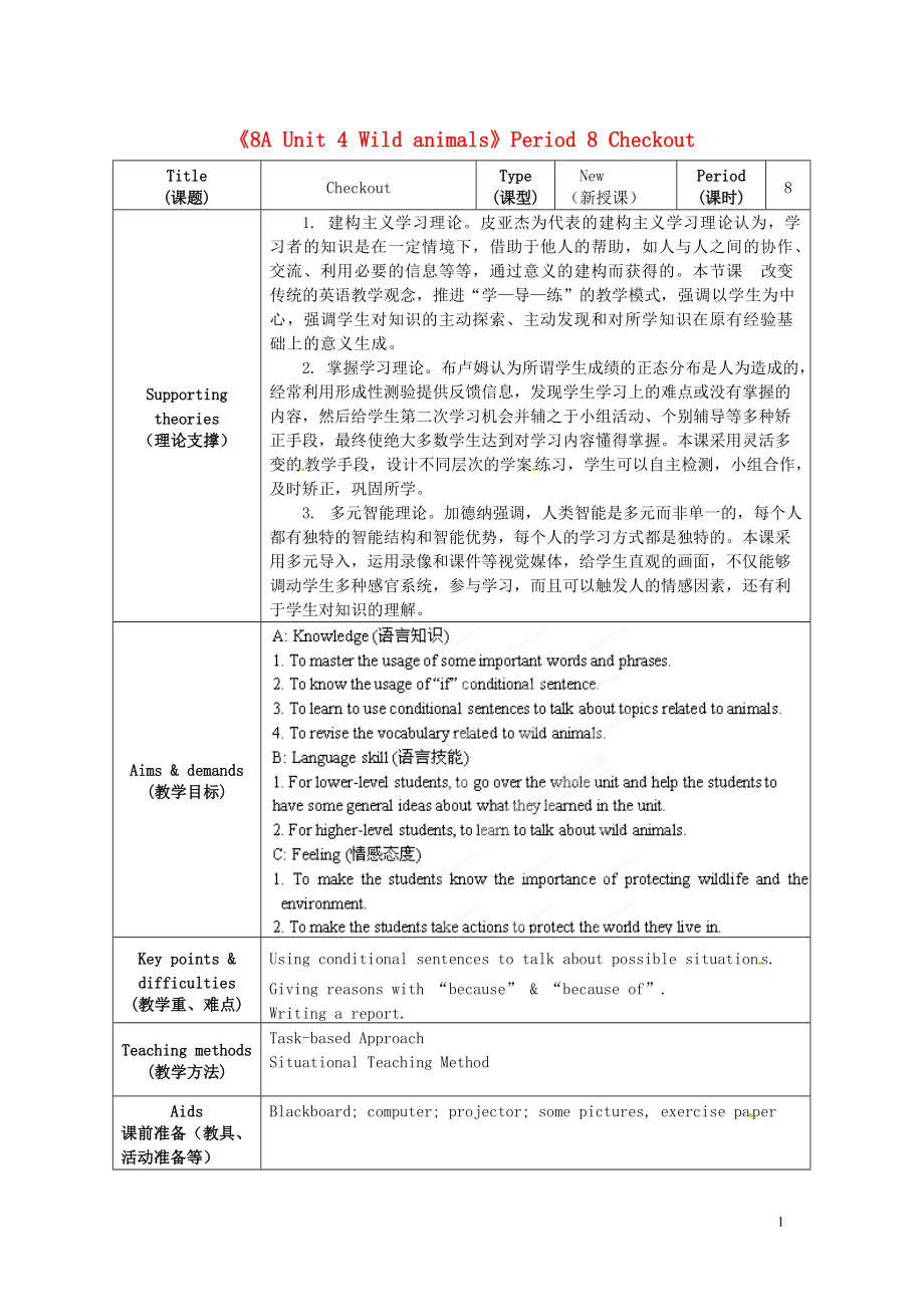 江苏省海安县大公初级中学八年级英语上册《8A Unit 4 Wild animals》Period 8 Checkout教案 牛津版_第1页