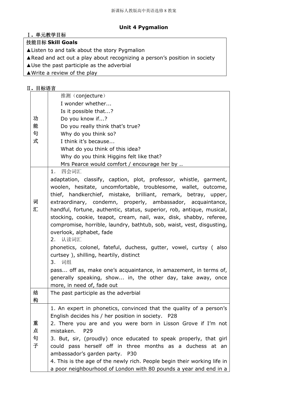 高中英语选修八Unit 4 Pygmalion 单元教案_第1页