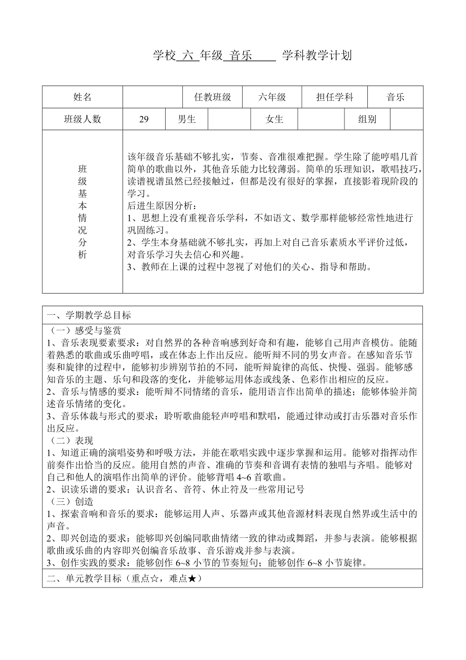 人音版六年级上册音乐学科教学计划_第1页