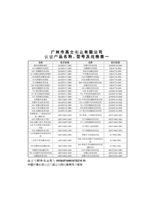 广州市高士实业有限公司 认证产品名称、型号及规格表一