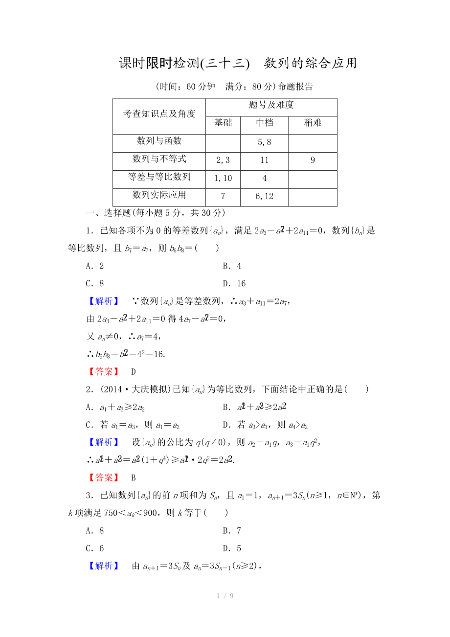 2015屆高三數(shù)學(xué)(理,山東版)一輪限時檢測33 數(shù)列的綜合應(yīng)用_第1頁