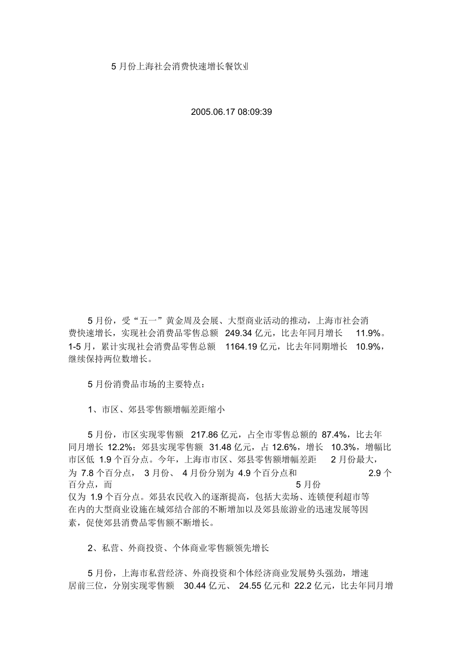 5月份上海社會消費快速增長餐飲業(yè)收入增勢強勁要點_第1頁