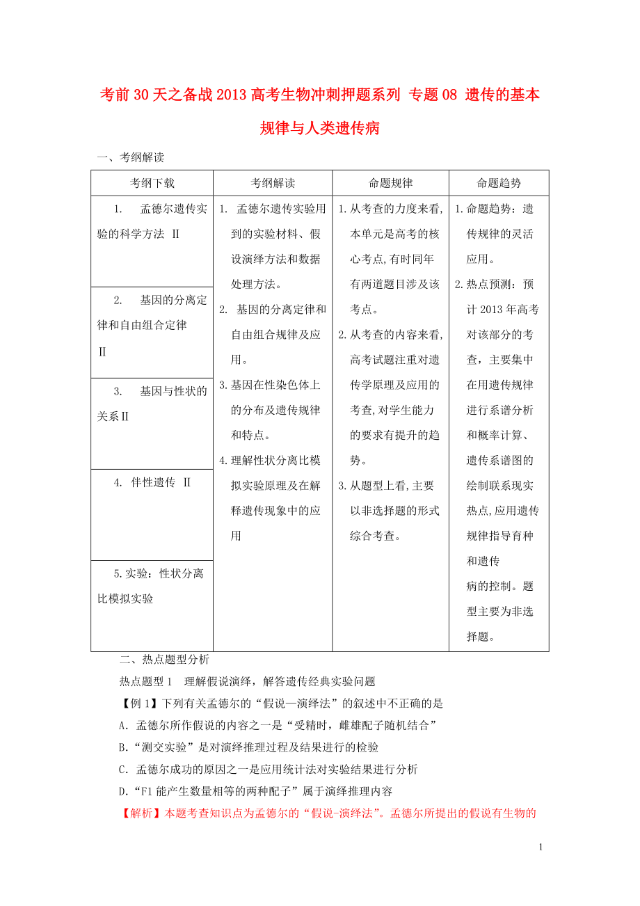 【備戰(zhàn)】高考生物 考前30天沖刺押題系列 專題08 遺傳的基本規(guī)律與人類遺傳病_第1頁(yè)