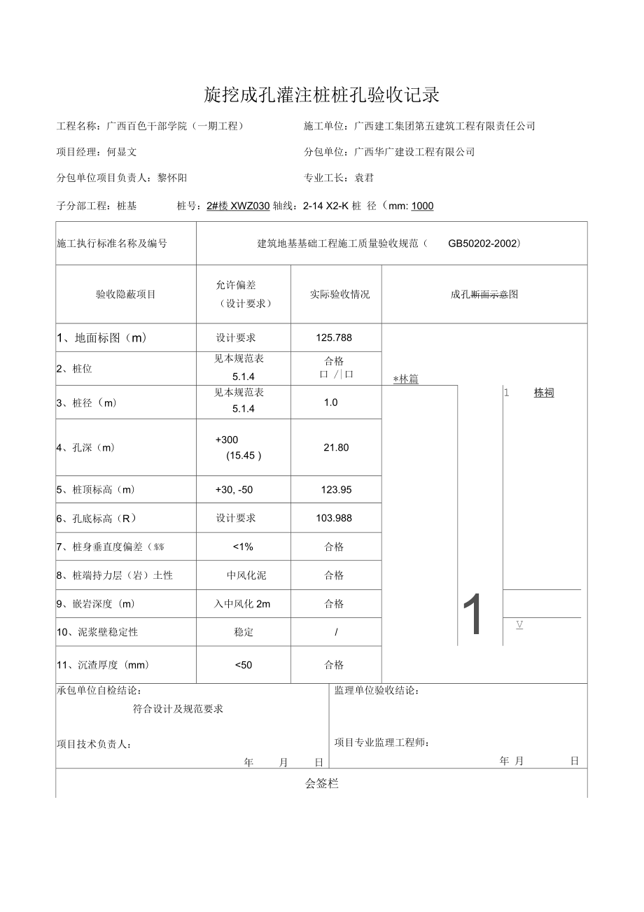 旋挖成孔灌注樁樁孔驗(yàn)收記錄_第1頁