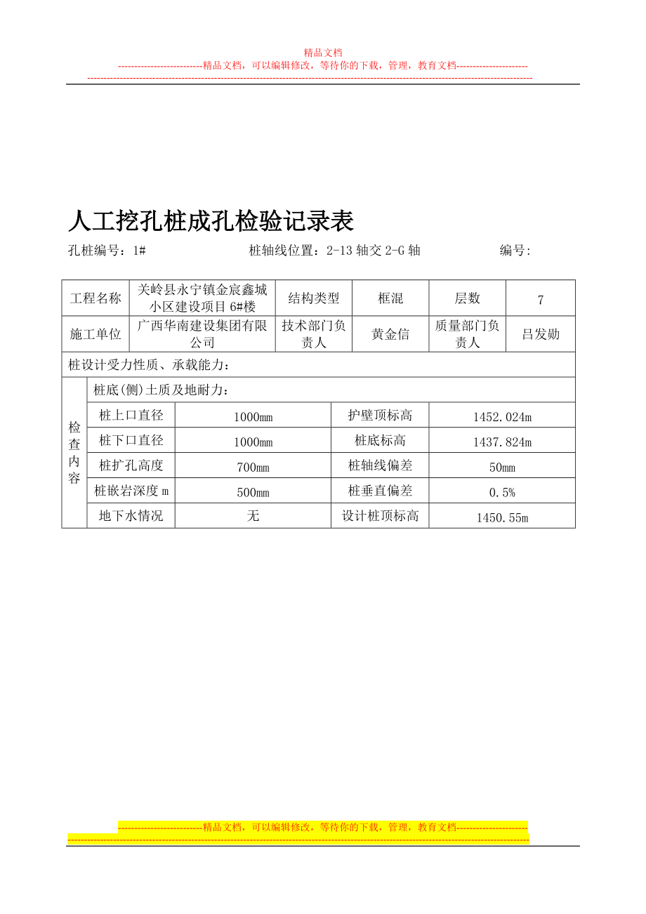 6樓人工挖孔樁成孔檢驗(yàn)記錄表2_第1頁(yè)