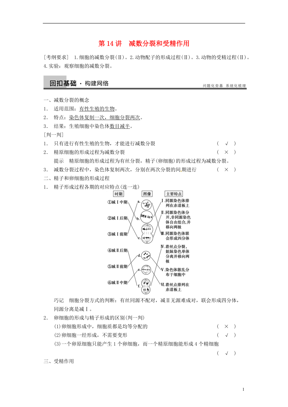 【步步高】届高考生物一轮集训 真题与练出高分 4.14减数分裂和受精作用 新人教版_第1页