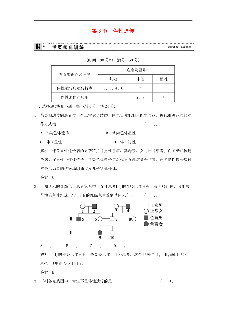 【創(chuàng)新設(shè)計(jì)】屆高中生物 23伴性遺傳活頁規(guī)范訓(xùn)練 新人教版必修2_第1頁