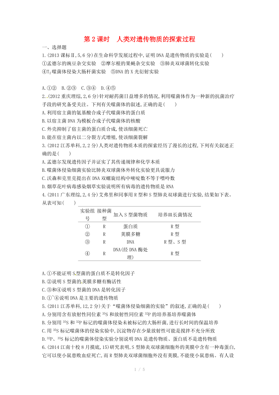 2015版高考生物總復(fù)習(xí) 第6單元 第2課時 人類對遺傳物質(zhì)的探索過程練習(xí)_第1頁