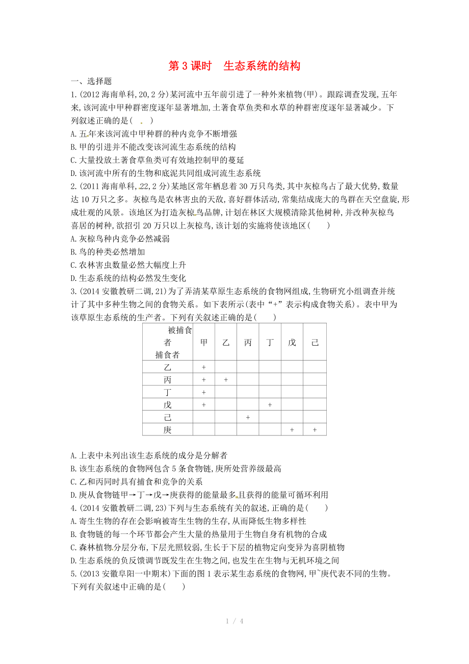 2015版高考生物總復(fù)習(xí) 第十一單元 第3課時 生態(tài)系統(tǒng)的結(jié)構(gòu)練習(xí)_第1頁