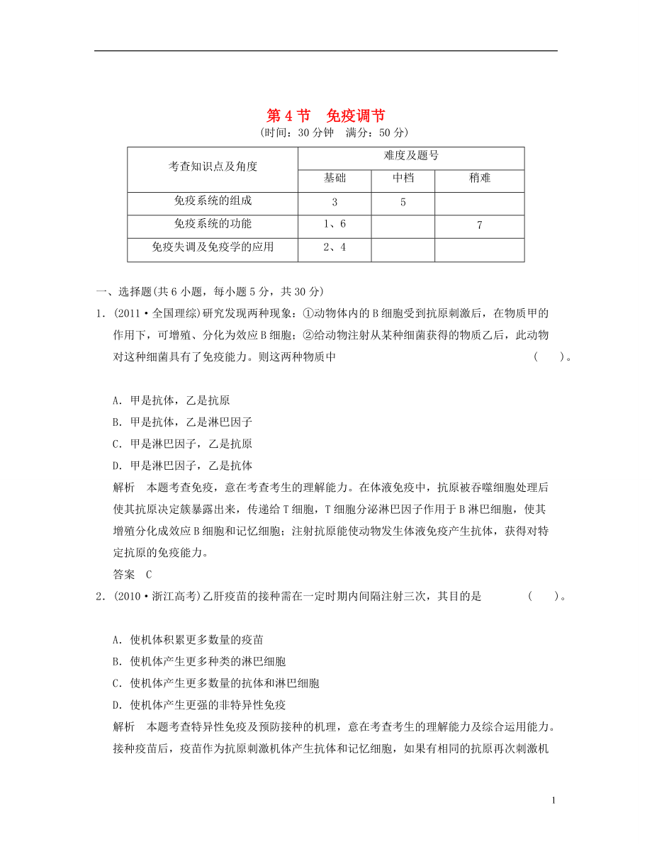 【創(chuàng)新設(shè)計(jì)】屆高中生物 24免疫調(diào)節(jié)活頁(yè)規(guī)范訓(xùn)練 新人教版必修3_第1頁(yè)