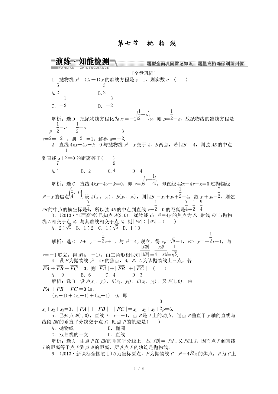 2015高考數(shù)學(xué)（理）一輪知能檢測：第8章 第7節(jié)　拋 物 線（數(shù)學(xué)大師 為您收集整理）_第1頁