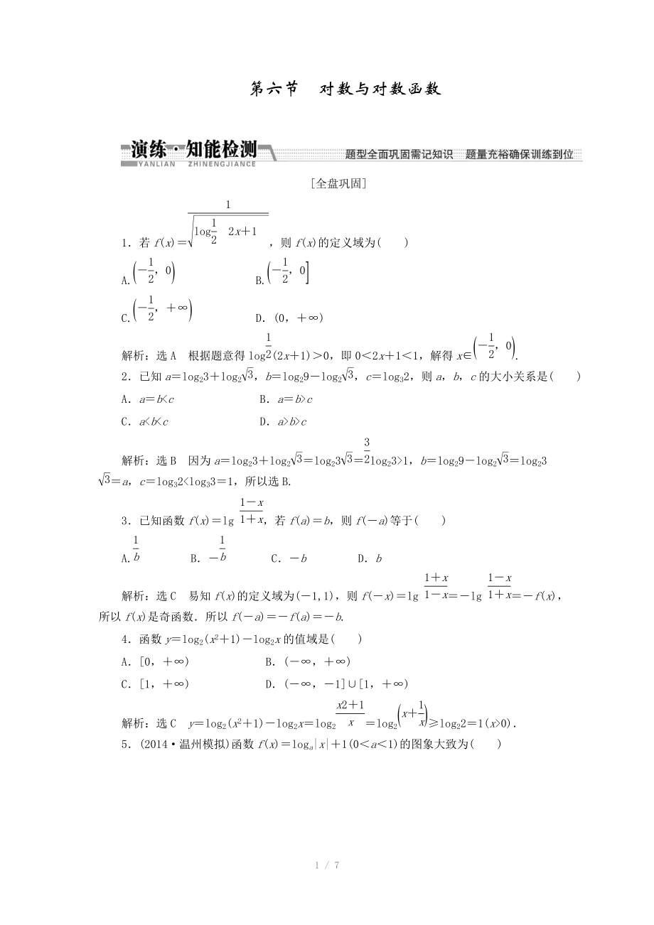 2015高考數(shù)學(xué)（理）一輪知能檢測(cè)：第2章 第6節(jié)　對(duì)數(shù)與對(duì)數(shù)函數(shù)（數(shù)學(xué)大師 為您收集整理）_第1頁(yè)