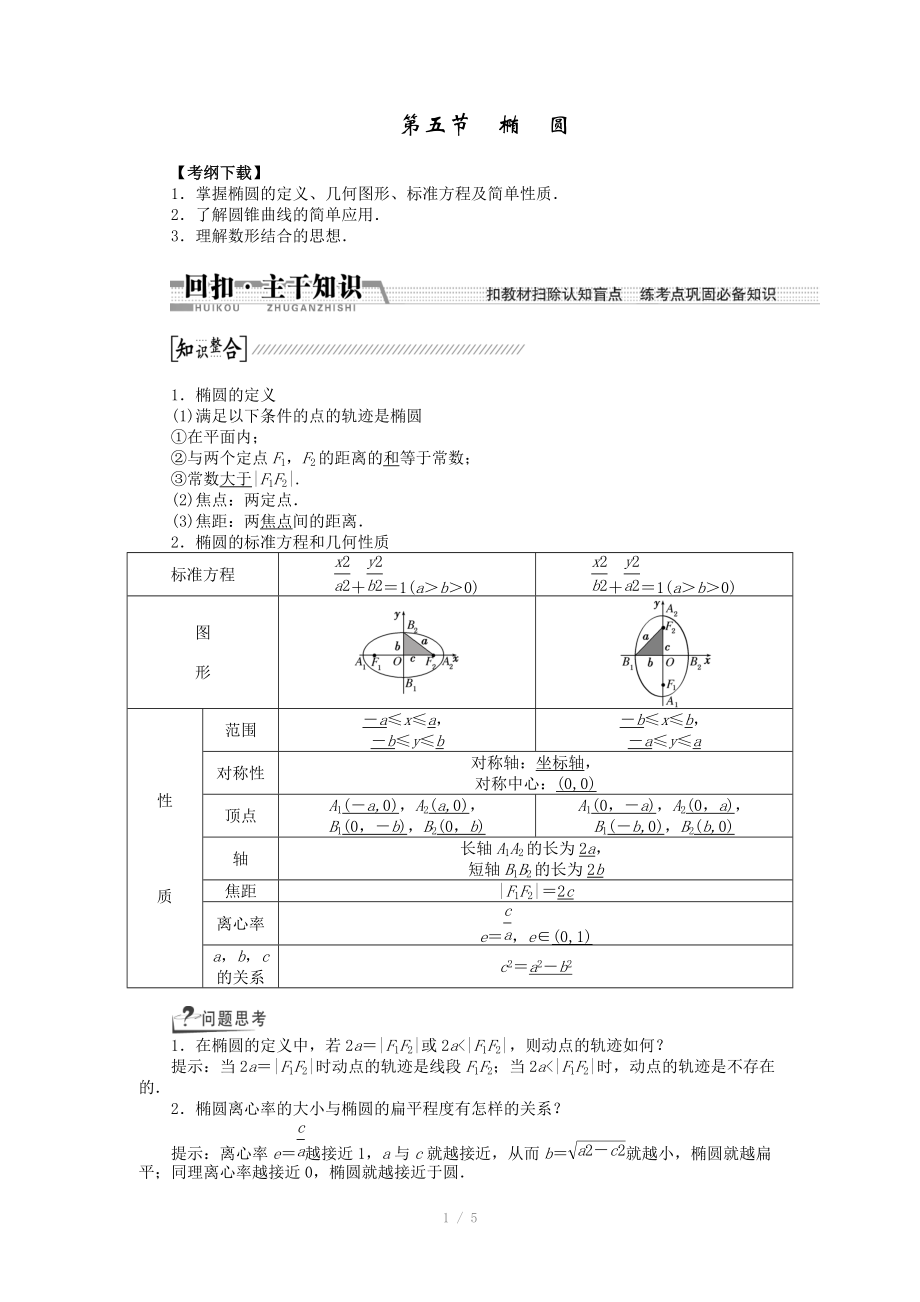 2015高考數(shù)學(xué)（理）一輪復(fù)習(xí)配套文檔：第8章 第5節(jié)　橢圓_第1頁(yè)