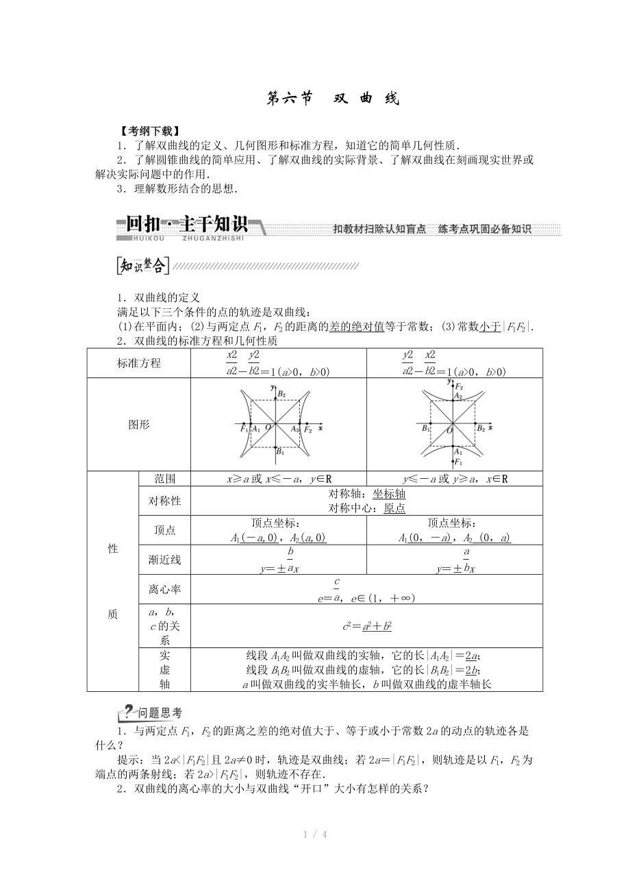 2015高考數(shù)學(xué)（理）一輪復(fù)習(xí)配套文檔：第8章 第6節(jié)　雙 曲 線_第1頁