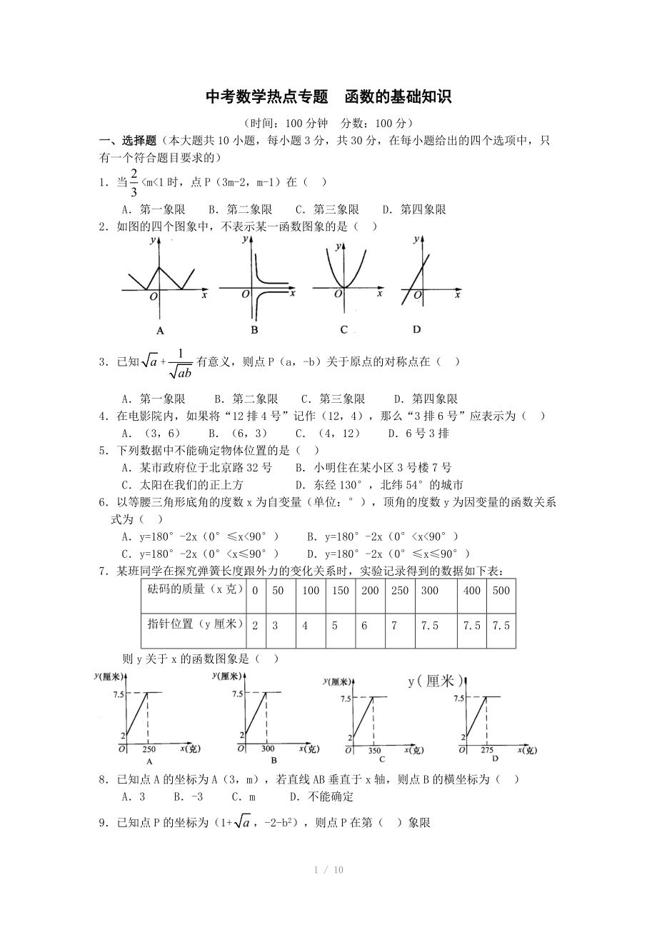 中考數(shù)學(xué)熱點(diǎn)專(zhuān)題函數(shù)的基礎(chǔ)知識(shí)_第1頁(yè)