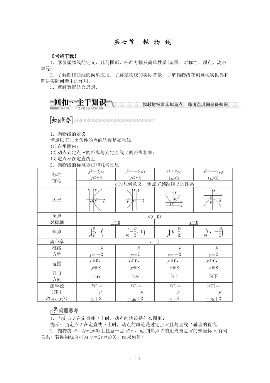 2015高考數(shù)學(xué)（理）一輪復(fù)習(xí)配套文檔：第8章 第7節(jié)　拋物線_第1頁