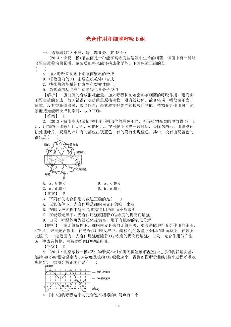 2015屆高考生物二輪復(fù)習(xí) 專項(xiàng)訓(xùn)練 光合作用和細(xì)胞呼吸（B）_第1頁