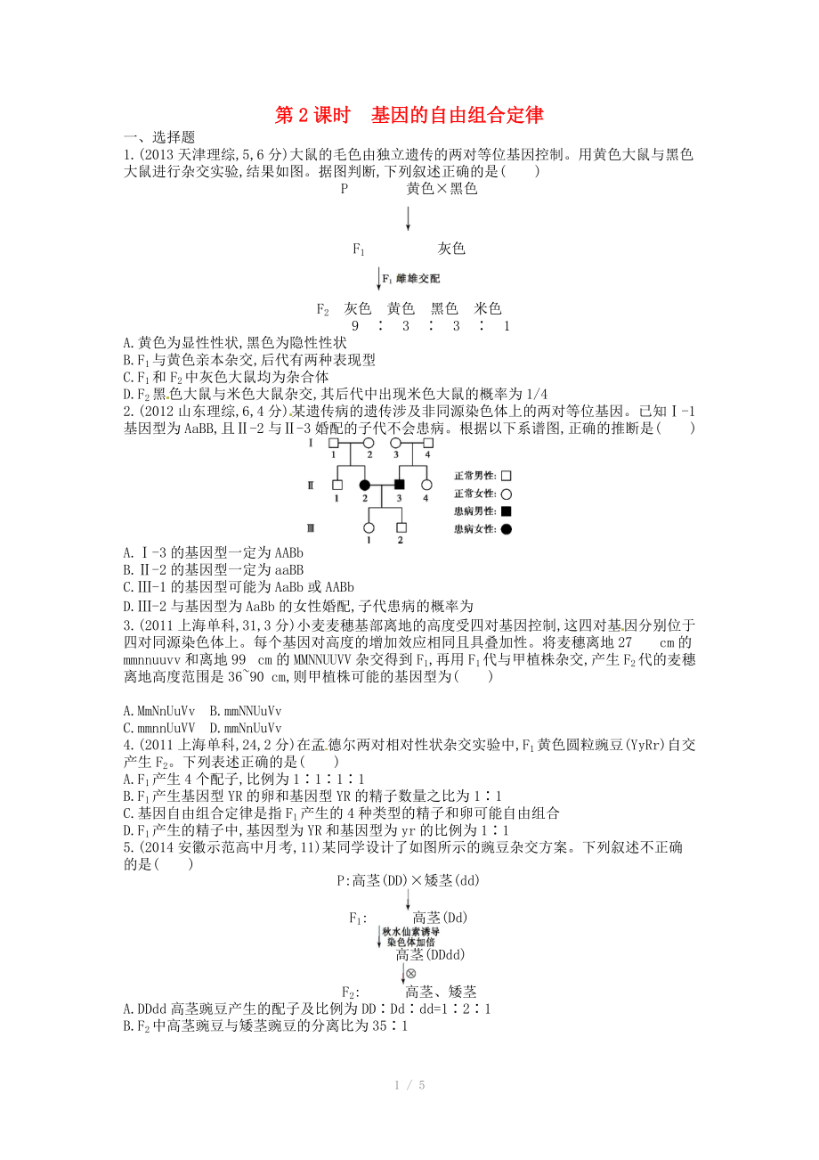 2015版高考生物總復(fù)習(xí) 第七單元 第2課時 基因的自由組合定律練習(xí)_第1頁