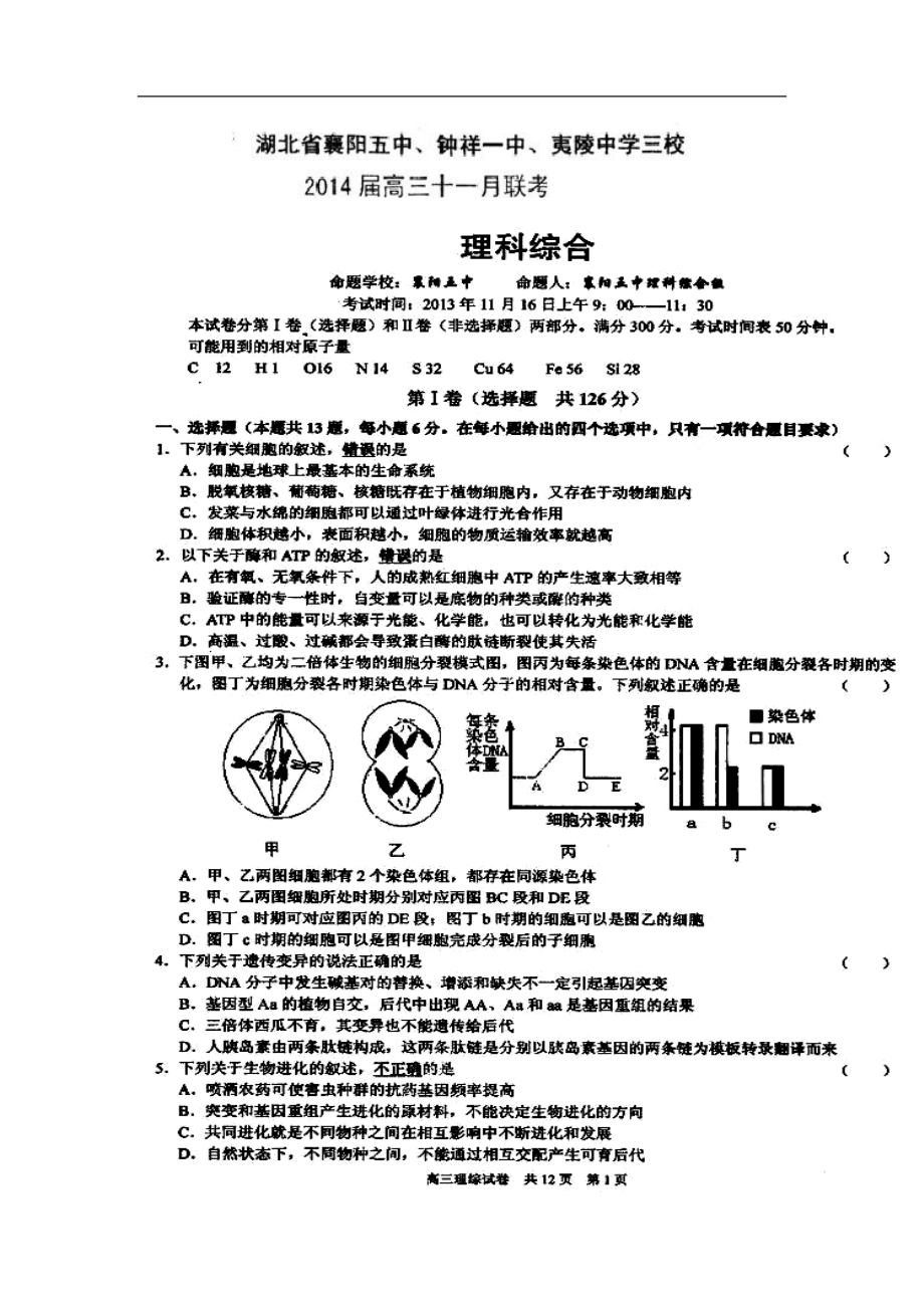 湖北省夷陵中学等三校高三11月联考理科综合试题及答案_第1页