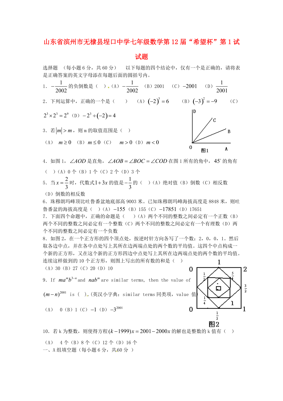 七年级数学第12希望杯第1试试题_第1页