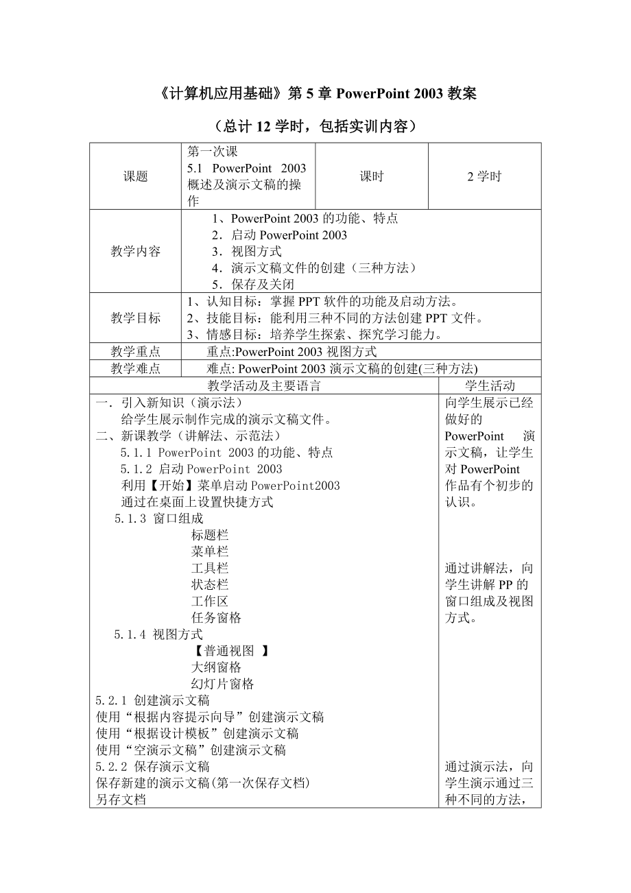 計算機應(yīng)用基礎(chǔ)第5章PowerPoint 2003教案_第1頁