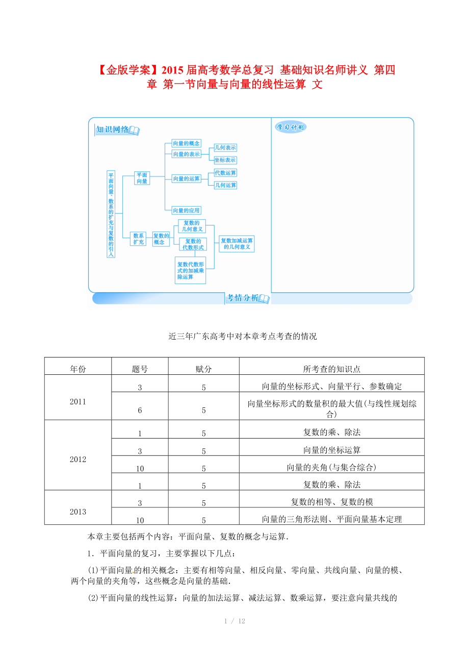 2015屆高考數(shù)學(xué)總復(fù)習(xí) 基礎(chǔ)知識(shí)名師講義 第四章 第一節(jié)向量與向量的線性運(yùn)算 文_第1頁(yè)