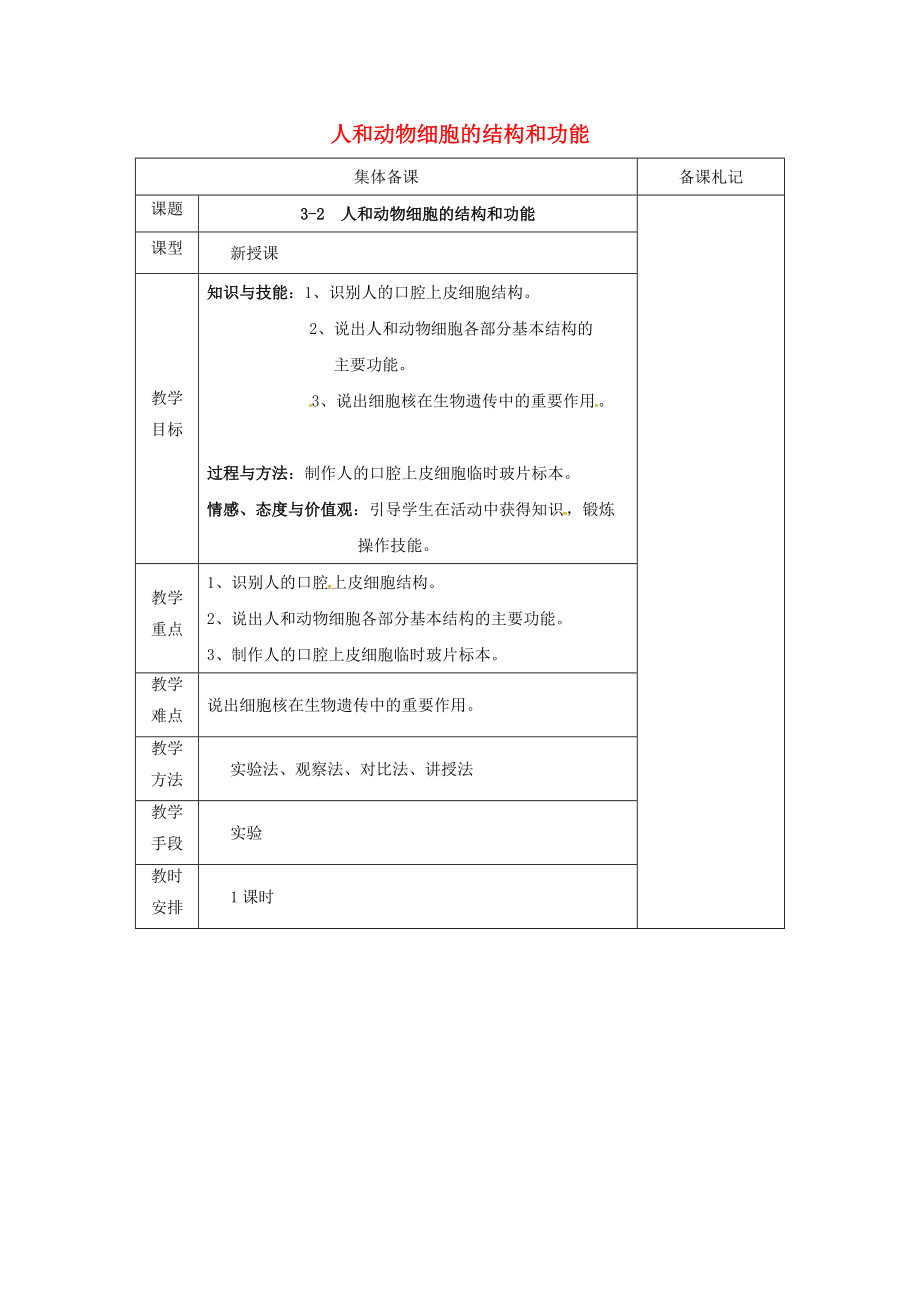 七年級生物上冊232人和動物細(xì)胞的結(jié)構(gòu)和功能教案新版蘇教版_第1頁