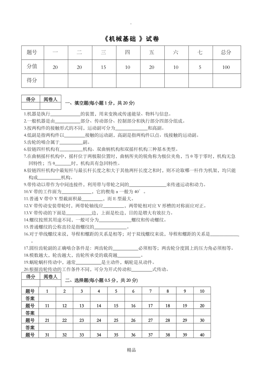 機(jī)械基礎(chǔ)試卷帶答案_第1頁(yè)