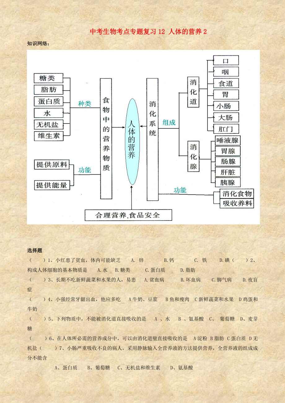 中考生物考点专题复习12人体的营养2