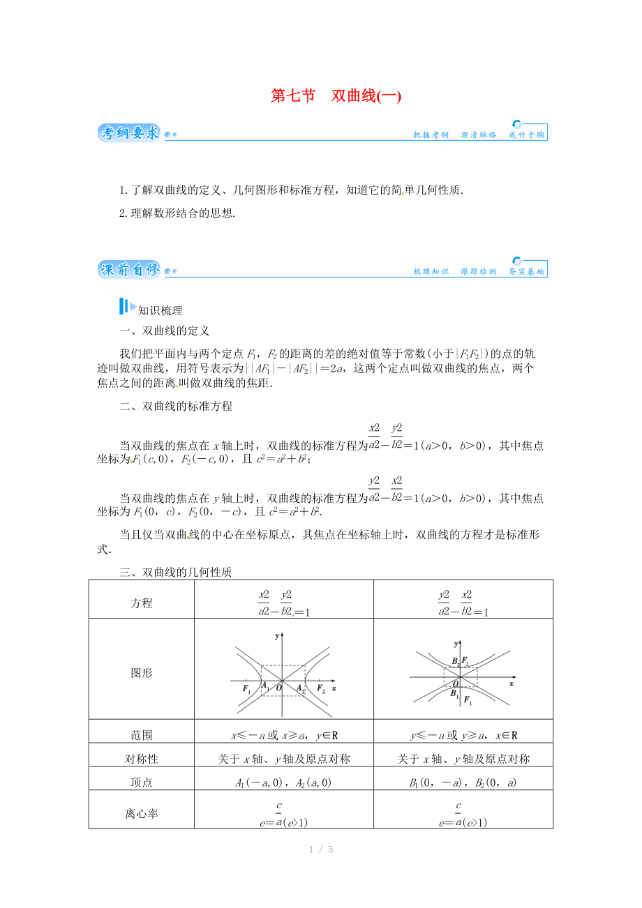 2015屆高考數(shù)學(xué)總復(fù)習(xí) 基礎(chǔ)知識(shí)名師講義 第七章 第七節(jié)雙曲線(一) 文_第1頁