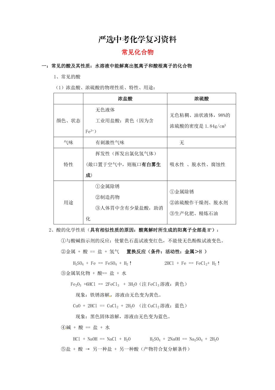 【嚴(yán)選】河北省滄州市中考化學(xué)第二輪知識(shí)點(diǎn)復(fù)習(xí) 常見化合物_第1頁