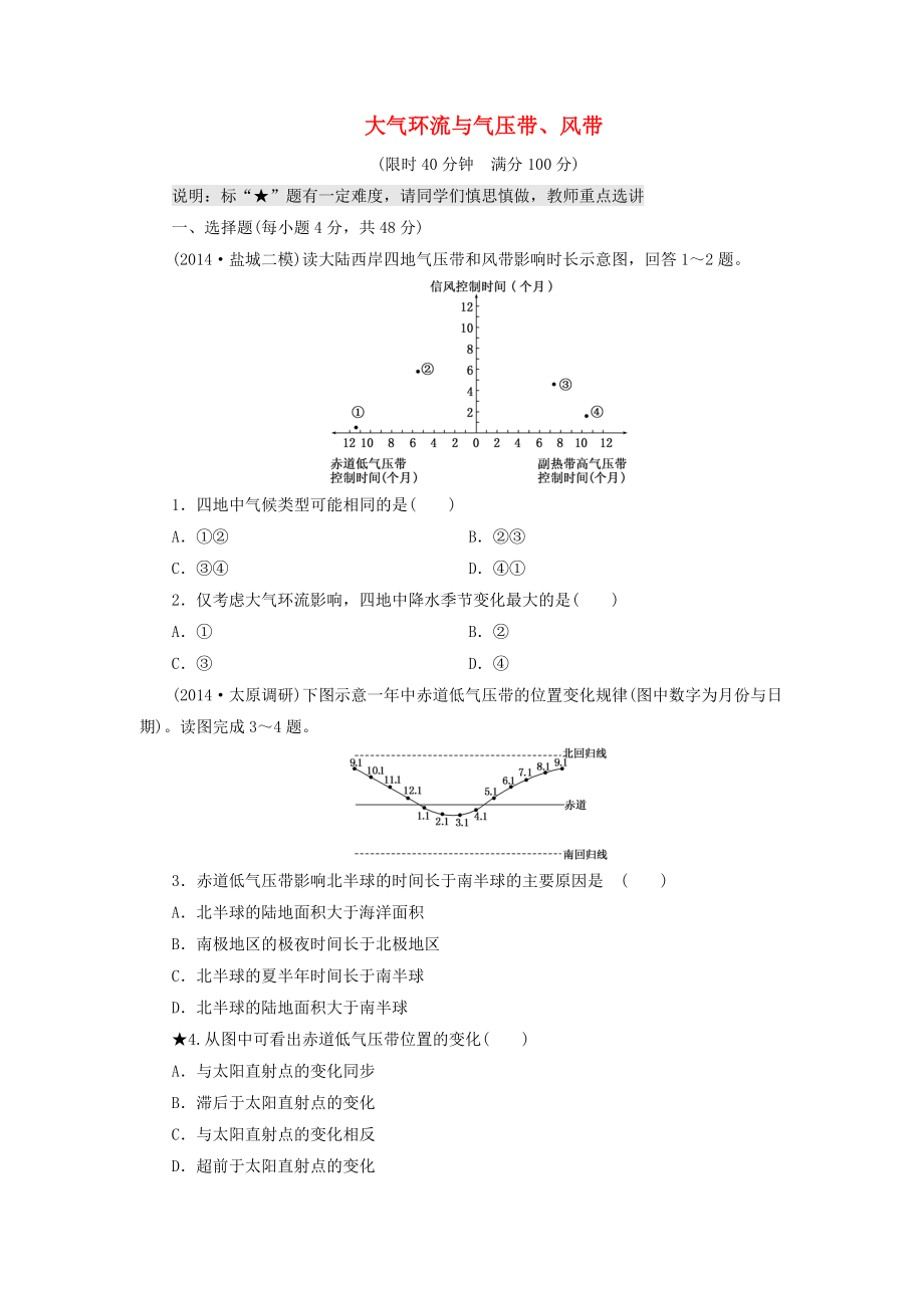 （山東專用）2015高考地理 第二章 大氣環(huán)流與氣壓帶、風(fēng)帶課時跟蹤檢測_第1頁