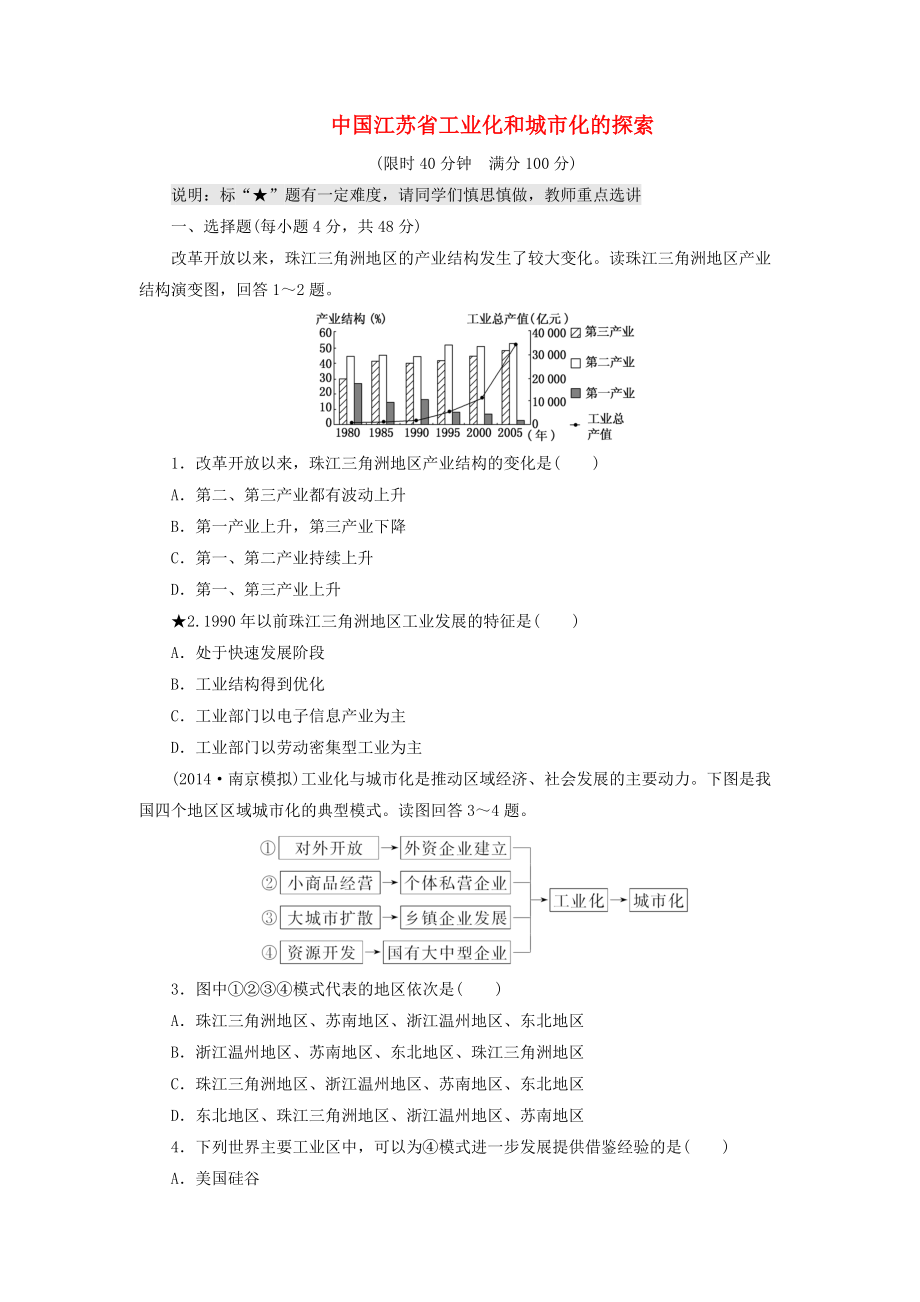 （山東專用）2015高考地理 第十章 中國江蘇省工業(yè)化和城市化的探索課時跟蹤檢測_第1頁